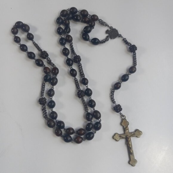 Vintage Rosary St Mary Steel Bakelite Brass Hardwood Large & Substantial - Picture 1 of 14